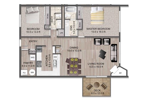 Floor plan for 2 beds, 2 baths, 1429 sqft